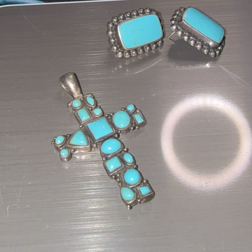 Turquoise and Silver Cross Pendant and Earrings Set